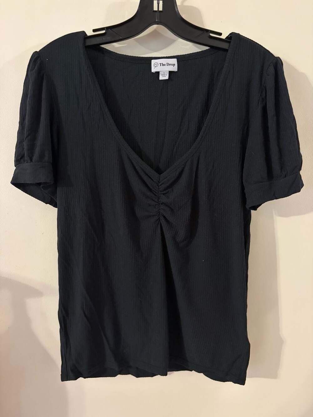 The Drop Black Ribbed Ruched Puff-Sleeve Top